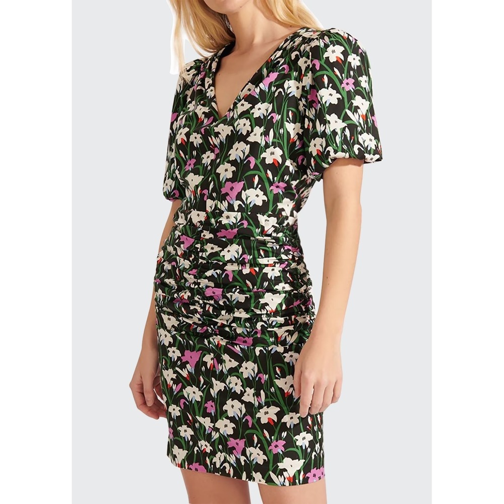 Veronica Beard Janis Ruched Floral Mini Dress Puff Sleeve V-Neck Black Multi